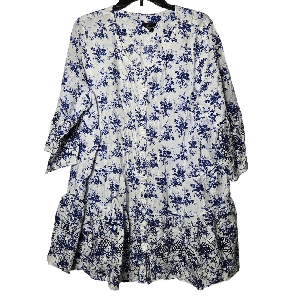 Ellos Womens Floral Tiered Button Tunic‎ Top Plus Size 1X Boho Peasant Coastal